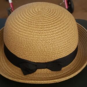 Elegant New Tan Straw Hat with Black Ribbon And Bow